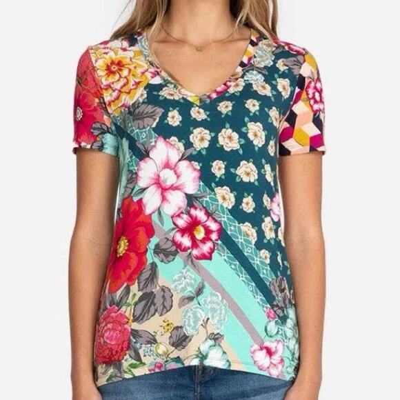 Johnny Was XS Nellie Patchwork Multicolor Short Sleeve Favorite T-Shirt Top - Picture 1 of 6